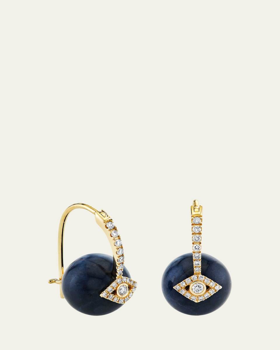 14K Yellow Gold Smooth Round Blue Sapphire Cocktail Earrings with Diamonds